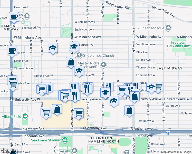 map of restaurants, bars, coffee shops, grocery stores, and more near 1246 Edmund Avenue West in Saint Paul