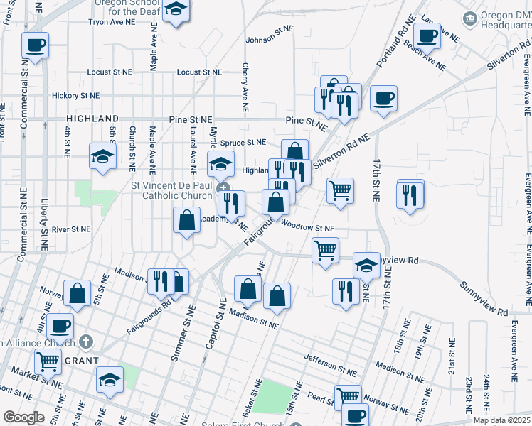 map of restaurants, bars, coffee shops, grocery stores, and more near 2225 Fairgrounds Road Northeast in Salem