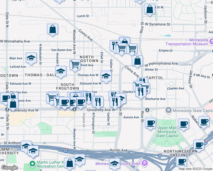 map of restaurants, bars, coffee shops, grocery stores, and more near 265 Charles Avenue in Saint Paul