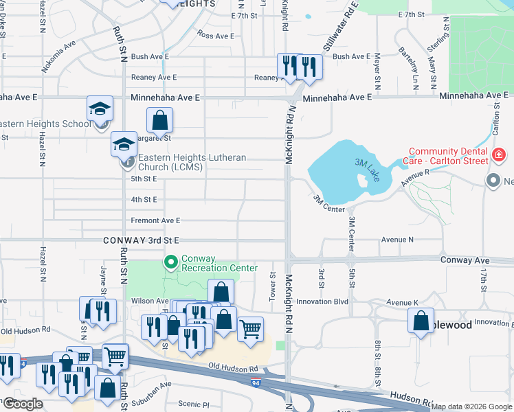 map of restaurants, bars, coffee shops, grocery stores, and more near 2213 Fremont Avenue East in Saint Paul