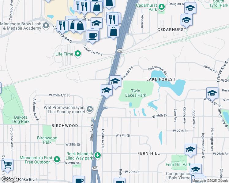 map of restaurants, bars, coffee shops, grocery stores, and more near 2501 Minnesota 100 in St. Louis Park