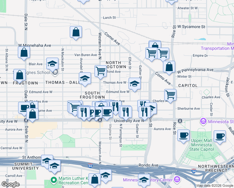 map of restaurants, bars, coffee shops, grocery stores, and more near 557 North Farrington Street in Saint Paul