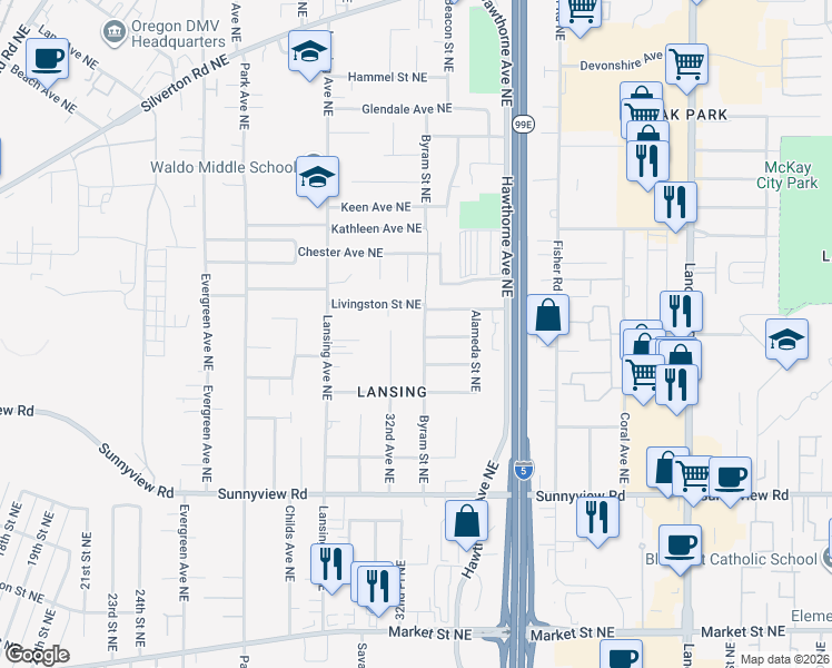 map of restaurants, bars, coffee shops, grocery stores, and more near 2509 Byram Street Northeast in Salem