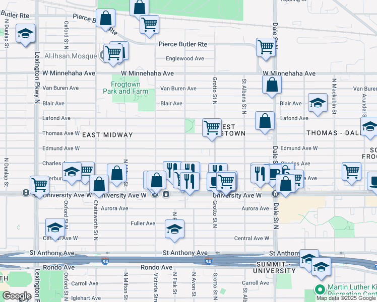map of restaurants, bars, coffee shops, grocery stores, and more near 799 North Avon Street in Saint Paul
