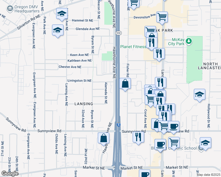 map of restaurants, bars, coffee shops, grocery stores, and more near 3468 Livingston Street Northeast in Salem