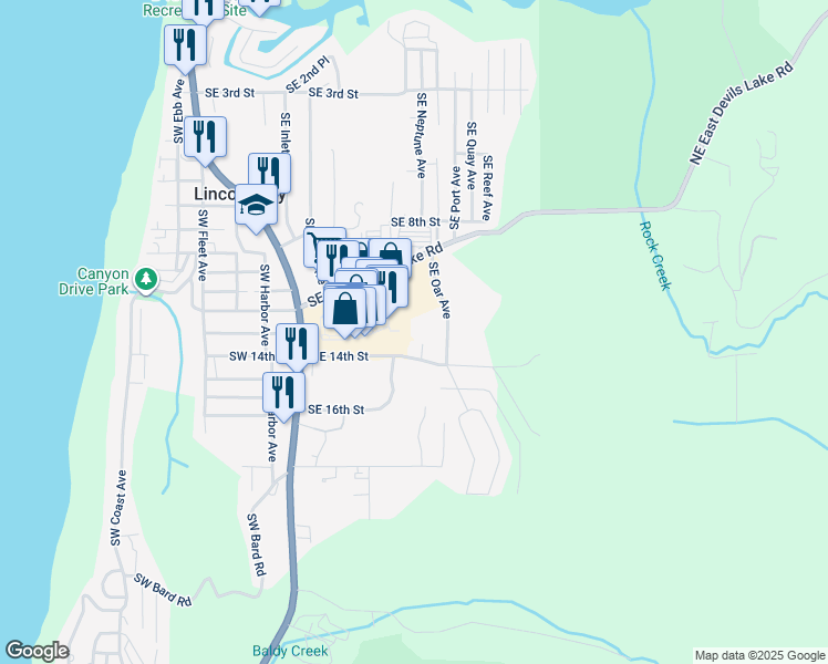 map of restaurants, bars, coffee shops, grocery stores, and more near 1797 Southeast 14th Street in Lincoln City
