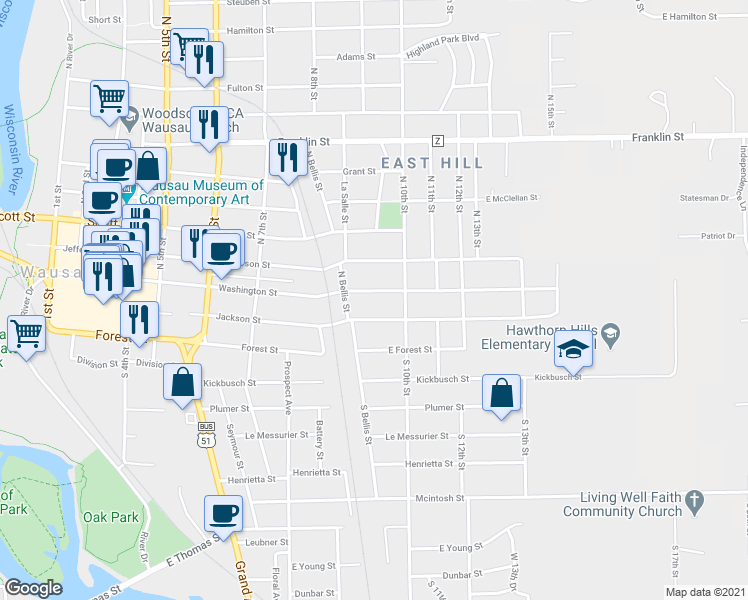 map of restaurants, bars, coffee shops, grocery stores, and more near 926 Jackson Street in Wausau