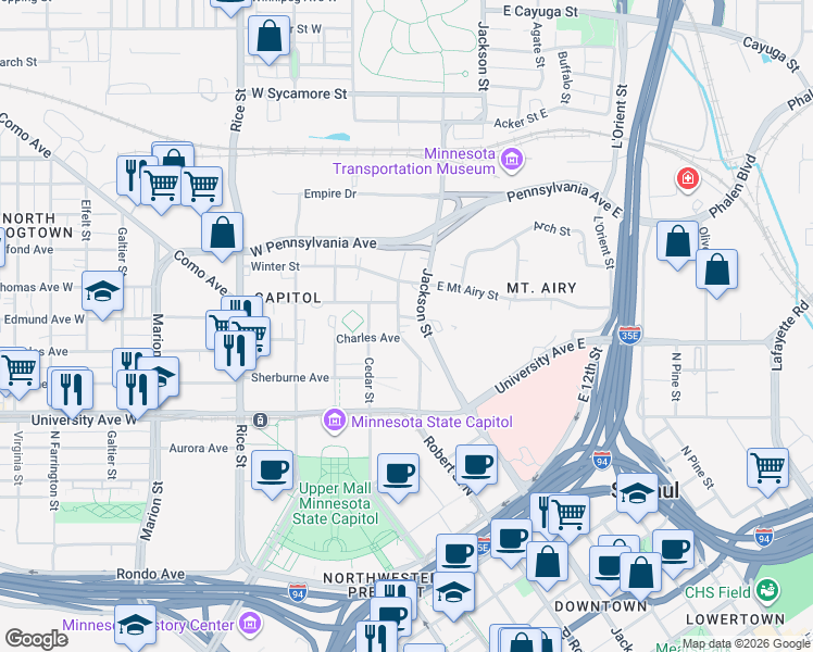 map of restaurants, bars, coffee shops, grocery stores, and more near 746 Capitol Heights in Saint Paul