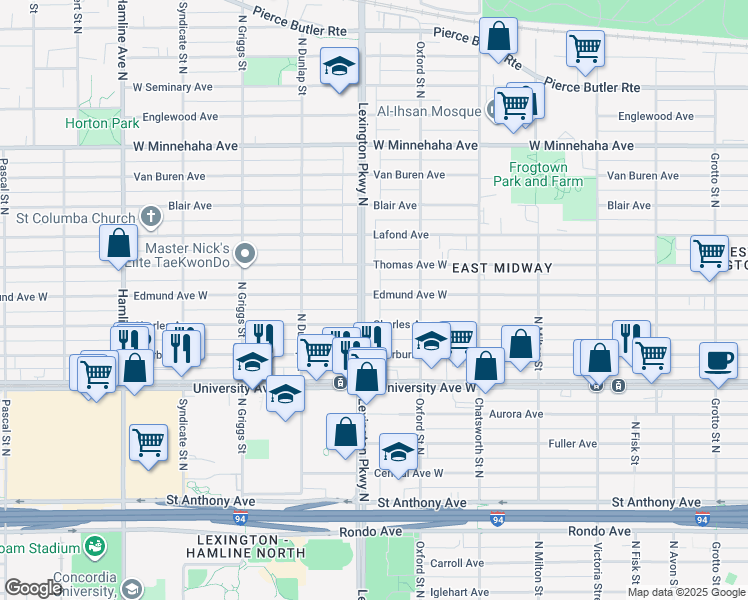 map of restaurants, bars, coffee shops, grocery stores, and more near 1071 Charles Avenue in Saint Paul
