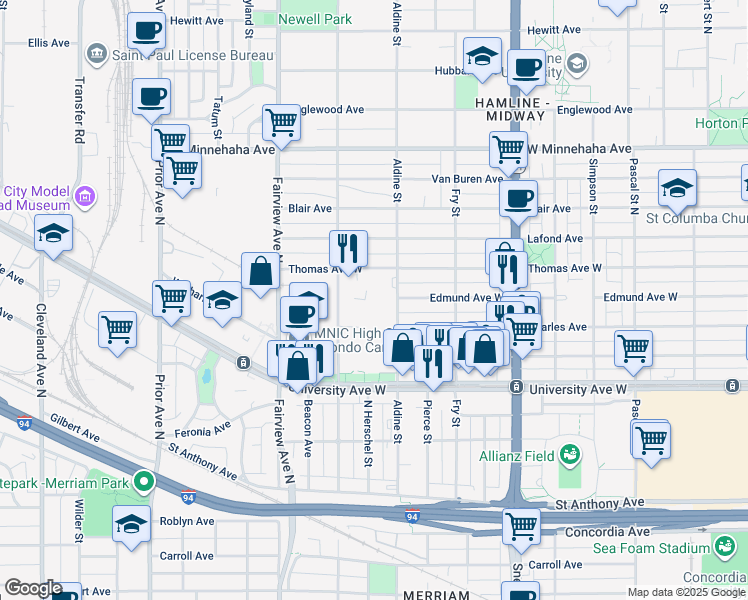 map of restaurants, bars, coffee shops, grocery stores, and more near 527 Aldine Street in Saint Paul