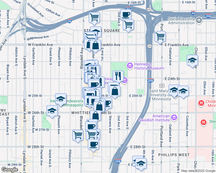 map of restaurants, bars, coffee shops, grocery stores, and more near in Minneapolis
