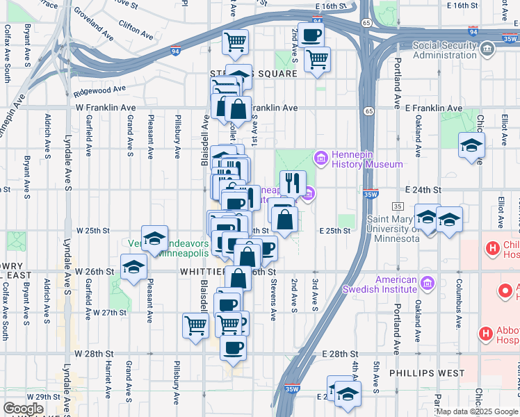 map of restaurants, bars, coffee shops, grocery stores, and more near 2435 1st Avenue South in Minneapolis
