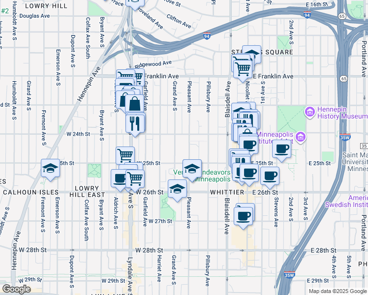 map of restaurants, bars, coffee shops, grocery stores, and more near 2432 Pleasant Avenue in Minneapolis