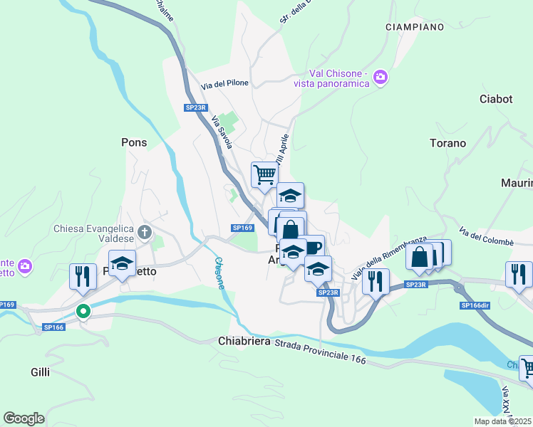 map of restaurants, bars, coffee shops, grocery stores, and more near 2 Via IV Novembre in Perosa Argentina