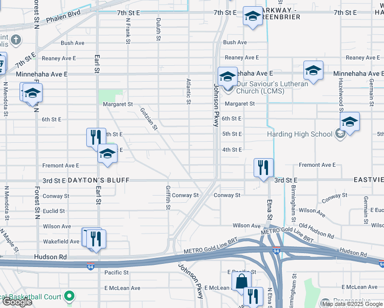 map of restaurants, bars, coffee shops, grocery stores, and more near 1239 Fremont Avenue East in Saint Paul