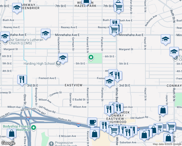 map of restaurants, bars, coffee shops, grocery stores, and more near 1665 Fremont Avenue East in Saint Paul