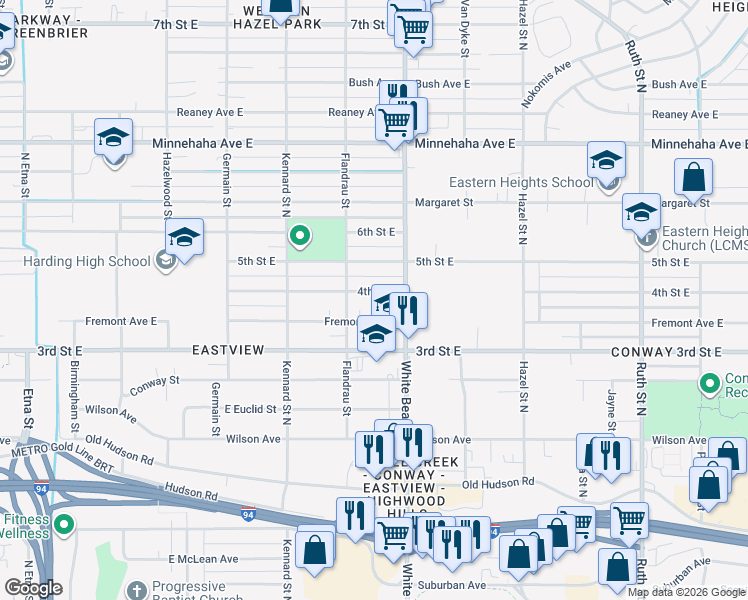 map of restaurants, bars, coffee shops, grocery stores, and more near 1737 Fremont Avenue East in Saint Paul