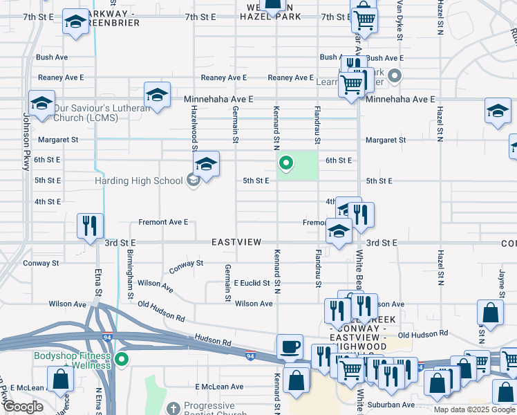 map of restaurants, bars, coffee shops, grocery stores, and more near 1635 Fremont Avenue East in Saint Paul