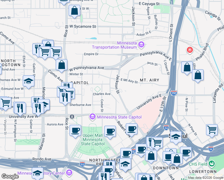 map of restaurants, bars, coffee shops, grocery stores, and more near 746 Capitol Heights in Saint Paul