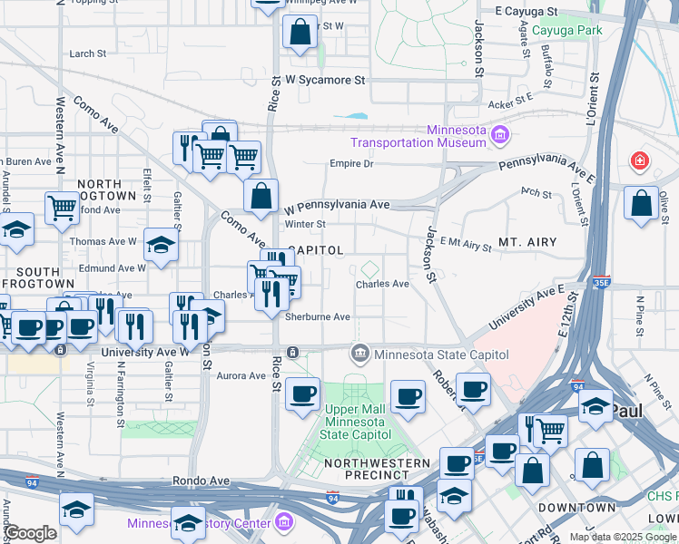 map of restaurants, bars, coffee shops, grocery stores, and more near 559 North Capitol Boulevard in Saint Paul