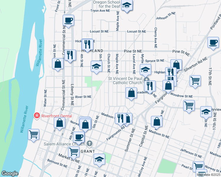 map of restaurants, bars, coffee shops, grocery stores, and more near 2040 Church Street Northeast in Salem
