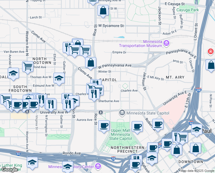 map of restaurants, bars, coffee shops, grocery stores, and more near 559 North Capitol Boulevard in Saint Paul