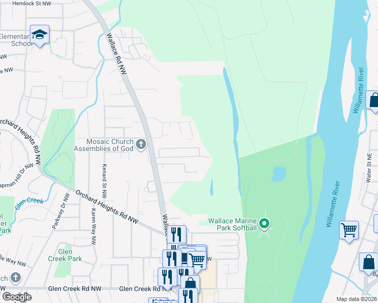 map of restaurants, bars, coffee shops, grocery stores, and more near 1610 Wallace Road Northwest in Salem