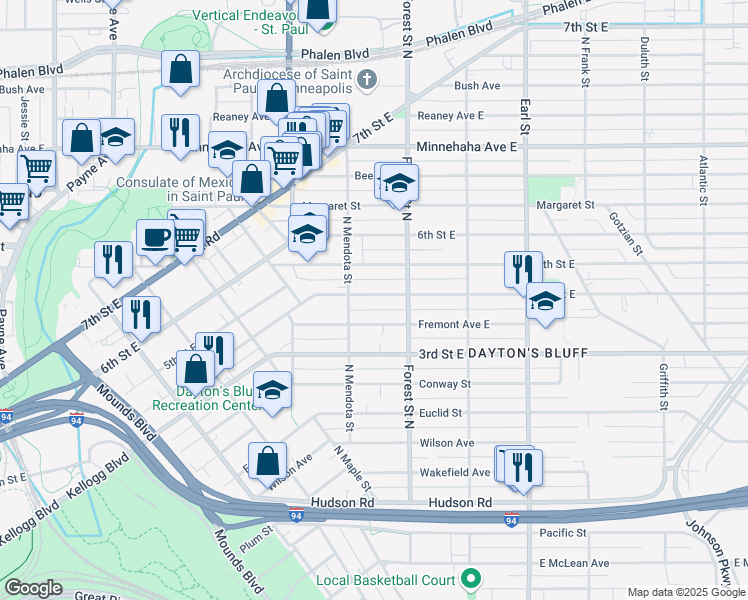 map of restaurants, bars, coffee shops, grocery stores, and more near 889 Fremont Avenue East in Saint Paul