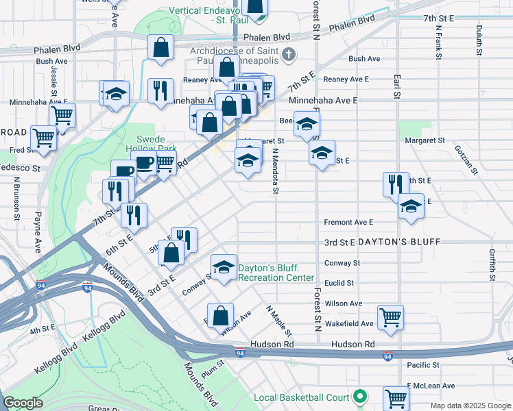 map of restaurants, bars, coffee shops, grocery stores, and more near 851 Fremont Avenue East in Saint Paul