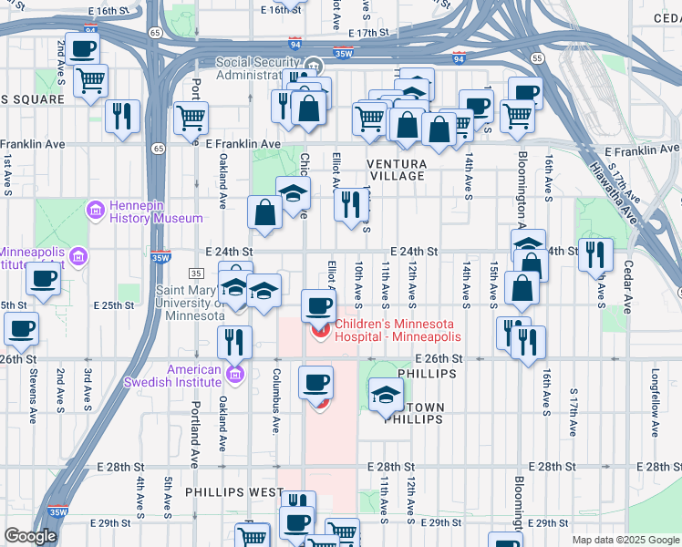 map of restaurants, bars, coffee shops, grocery stores, and more near 2443 Elliot Avenue in Minneapolis