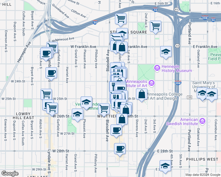 map of restaurants, bars, coffee shops, grocery stores, and more near 2431 Blaisdell Avenue in Minneapolis