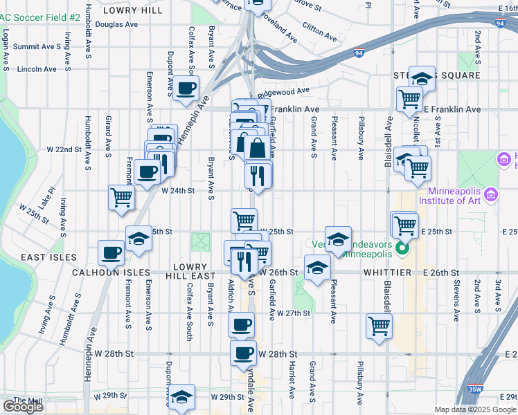 map of restaurants, bars, coffee shops, grocery stores, and more near 2437 Lyndale Avenue South in Minneapolis