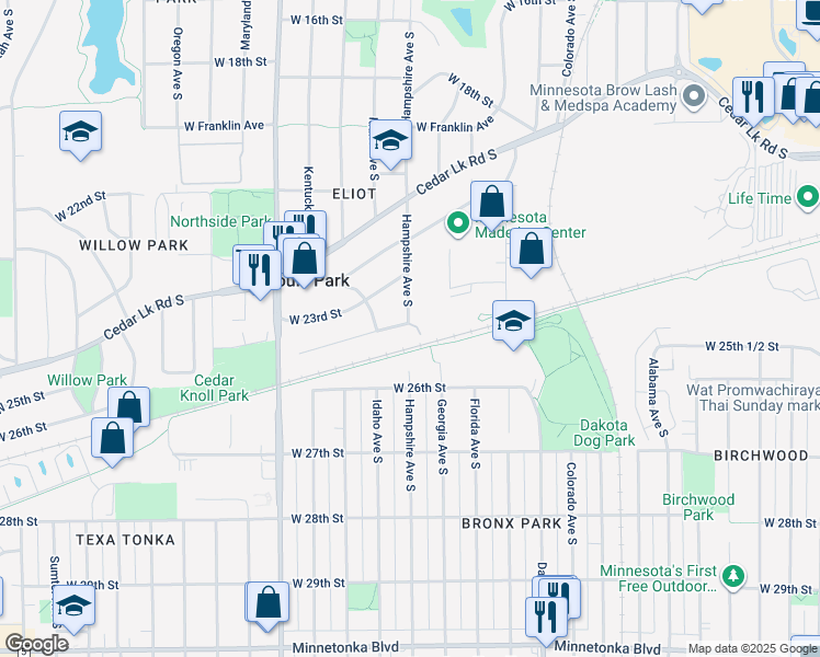 map of restaurants, bars, coffee shops, grocery stores, and more near 6805 West 24th Street in Minneapolis