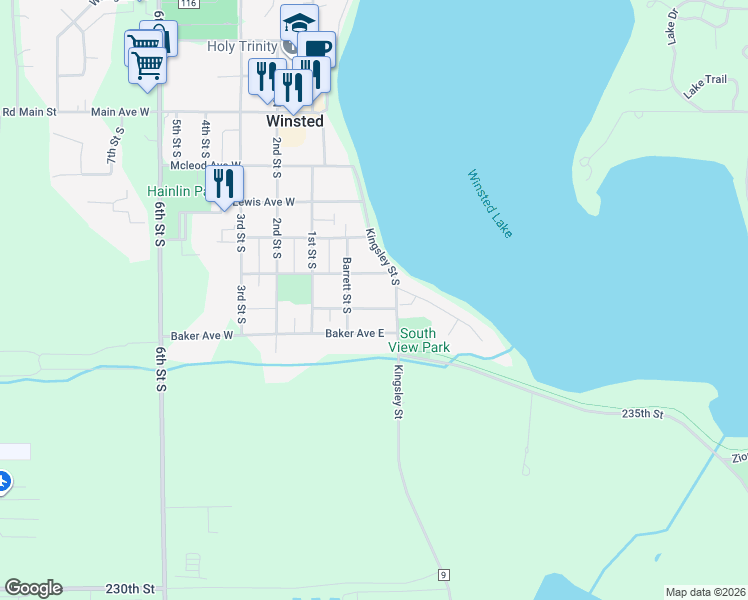 map of restaurants, bars, coffee shops, grocery stores, and more near 231 Arthur Avenue East in Winsted
