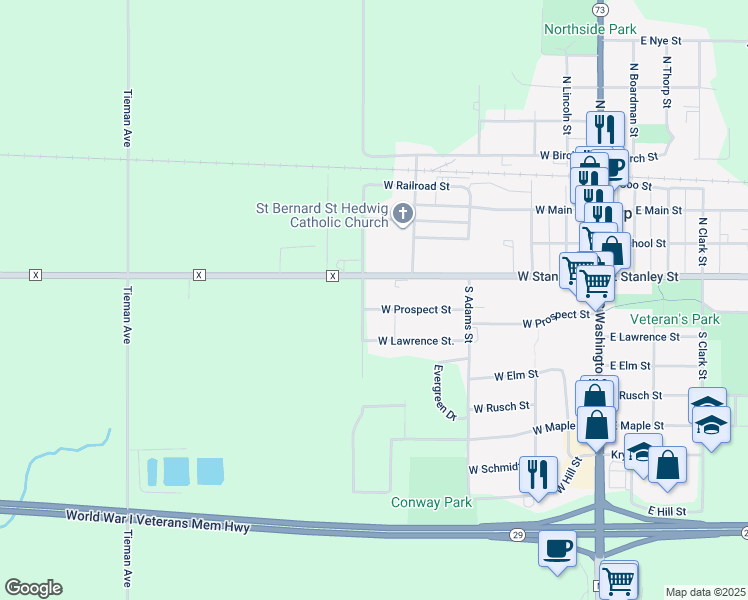 map of restaurants, bars, coffee shops, grocery stores, and more near 502 West Prospect Street in Thorp