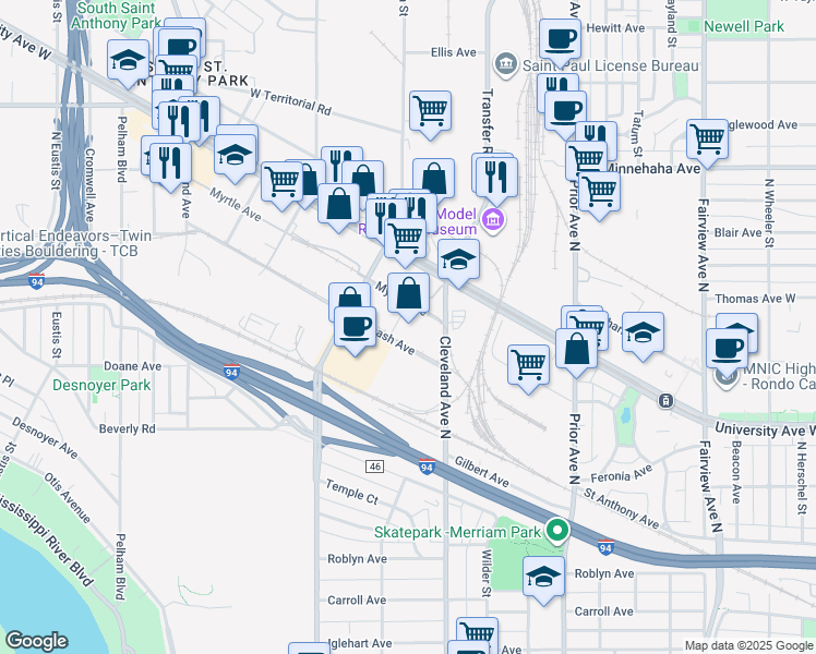 map of restaurants, bars, coffee shops, grocery stores, and more near 2031-2081 Wabash Ave in St Paul
