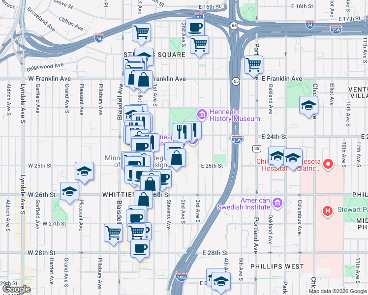 map of restaurants, bars, coffee shops, grocery stores, and more near 2401 Stevens Avenue in Minneapolis