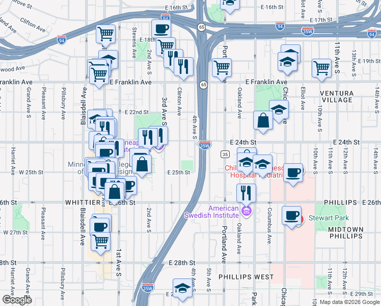 map of restaurants, bars, coffee shops, grocery stores, and more near 2428 South 4th Avenue in Minneapolis