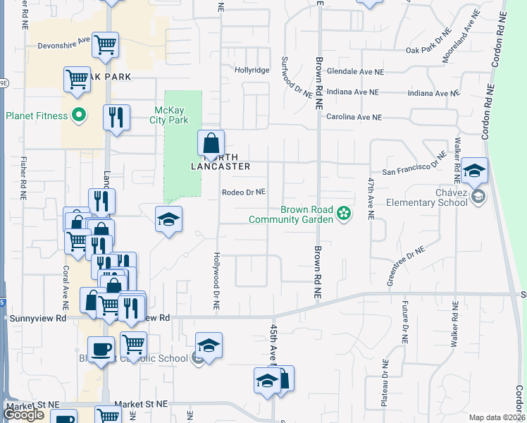map of restaurants, bars, coffee shops, grocery stores, and more near 2385 Burlington Street Northeast in Salem