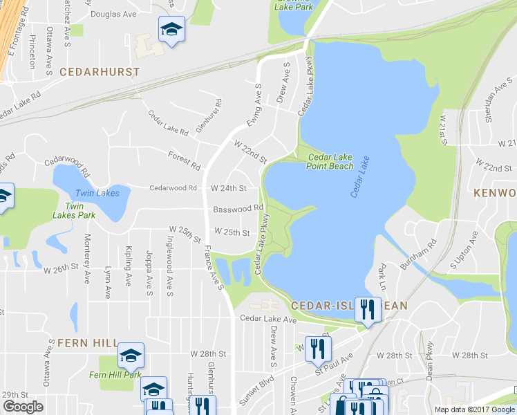 map of restaurants, bars, coffee shops, grocery stores, and more near Cedar Shore Drive in Minneapolis