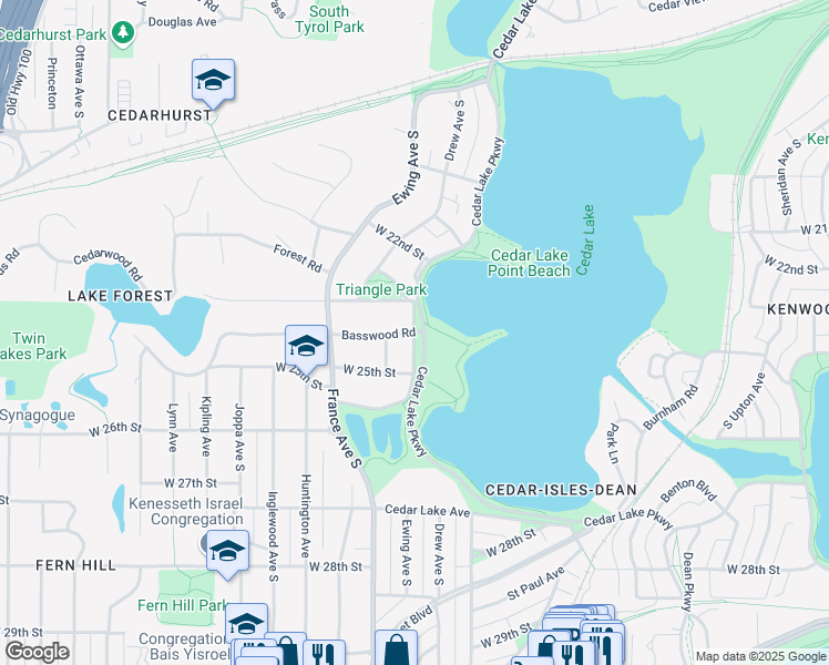 map of restaurants, bars, coffee shops, grocery stores, and more near Cedar Shore Drive in Minneapolis