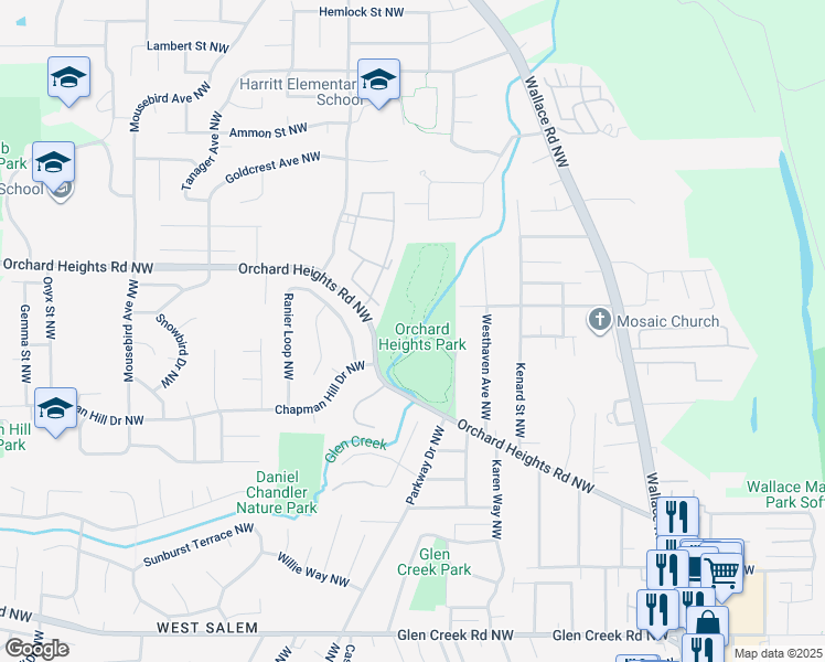 map of restaurants, bars, coffee shops, grocery stores, and more near 1165 Orchard Heights Road Northwest in Salem