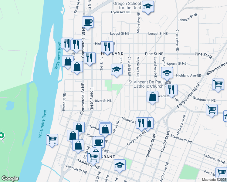 map of restaurants, bars, coffee shops, grocery stores, and more near 1960 Broadway Street in Salem