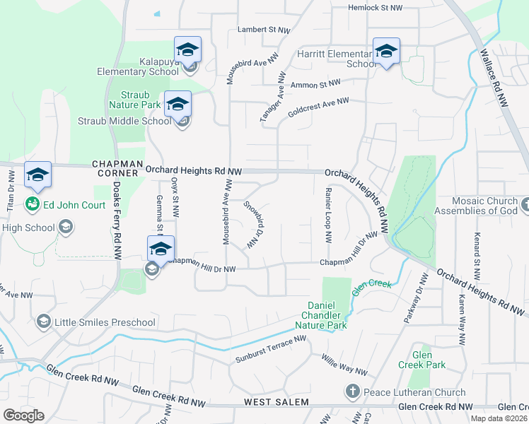 map of restaurants, bars, coffee shops, grocery stores, and more near 1656 Snowbird Drive Northwest in Salem