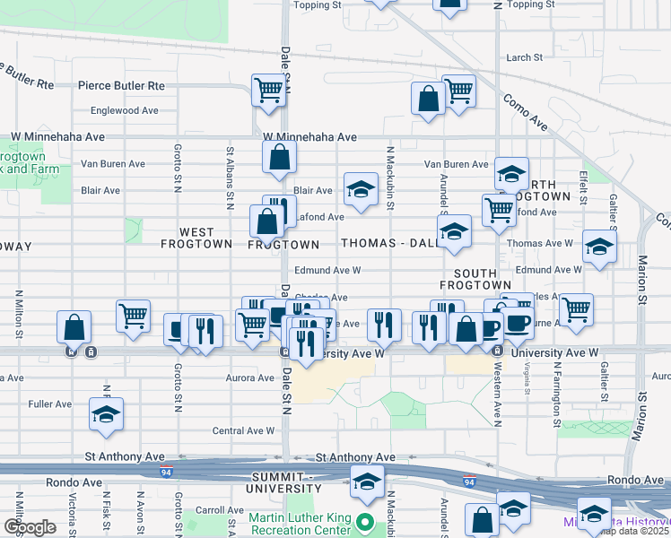map of restaurants, bars, coffee shops, grocery stores, and more near 575 Charles Avenue in Saint Paul