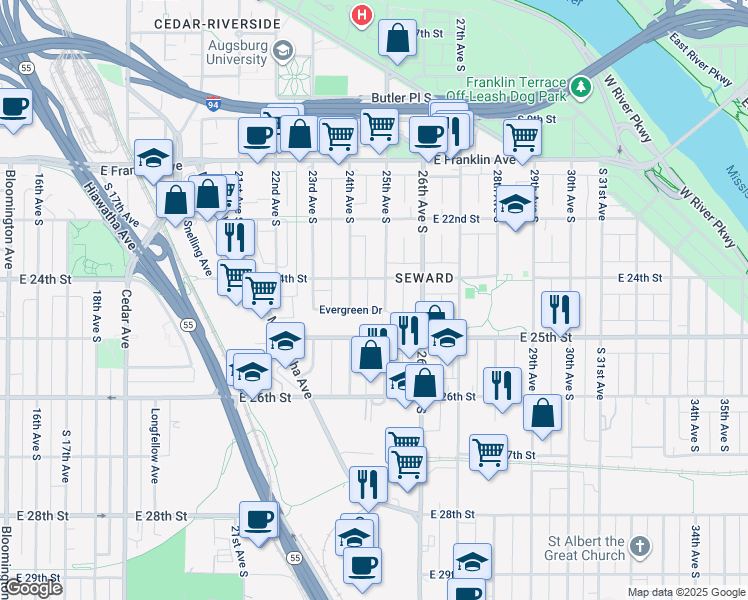 map of restaurants, bars, coffee shops, grocery stores, and more near 2424 25th Avenue South in Minneapolis