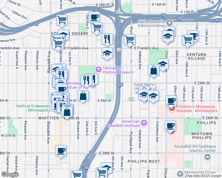 map of restaurants, bars, coffee shops, grocery stores, and more near 2428 South 4th Avenue in Minneapolis