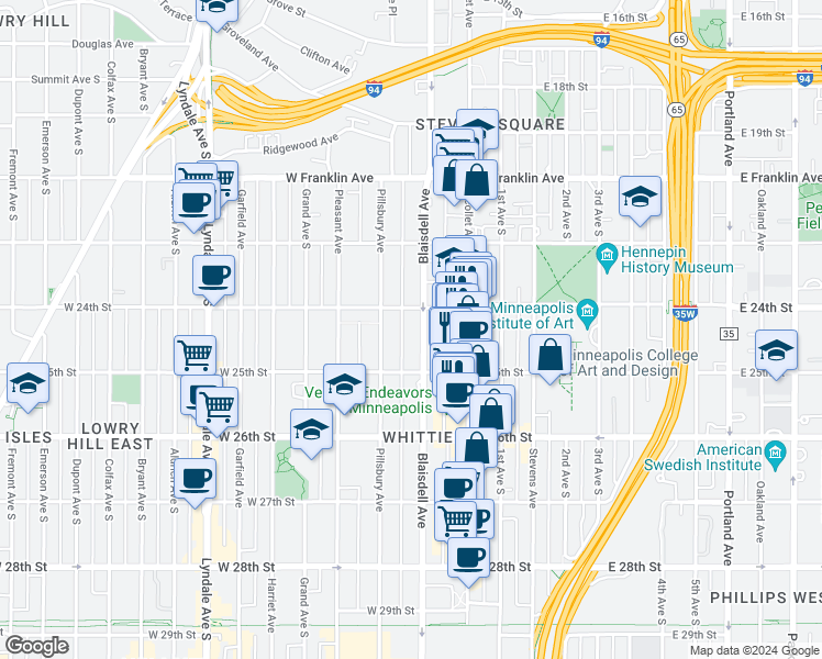 map of restaurants, bars, coffee shops, grocery stores, and more near 2435 Pillsbury Avenue in Minneapolis