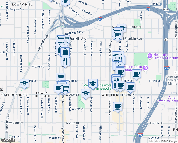 map of restaurants, bars, coffee shops, grocery stores, and more near 2432 Pleasant Avenue in Minneapolis