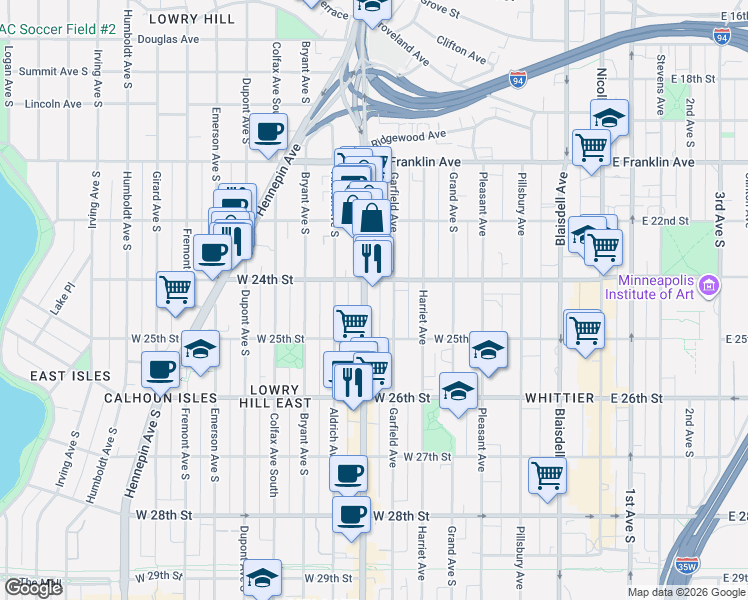 map of restaurants, bars, coffee shops, grocery stores, and more near 2437 Lyndale Avenue South in Minneapolis